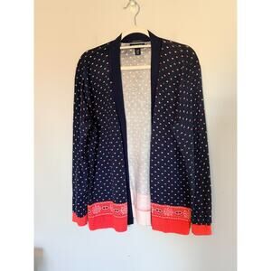 Lands End Womens Open Front Cardigan Size Large Petite Navy Coral 100% Cotton
